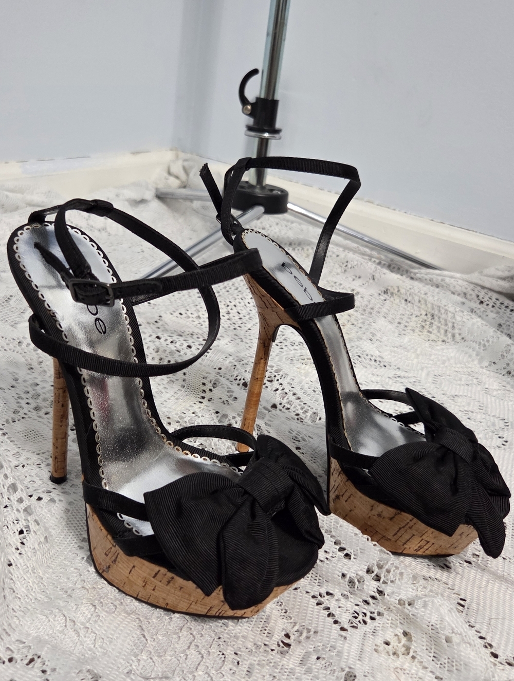Black Fabric Bow Cork Platform Stiletto Heels Size 7M